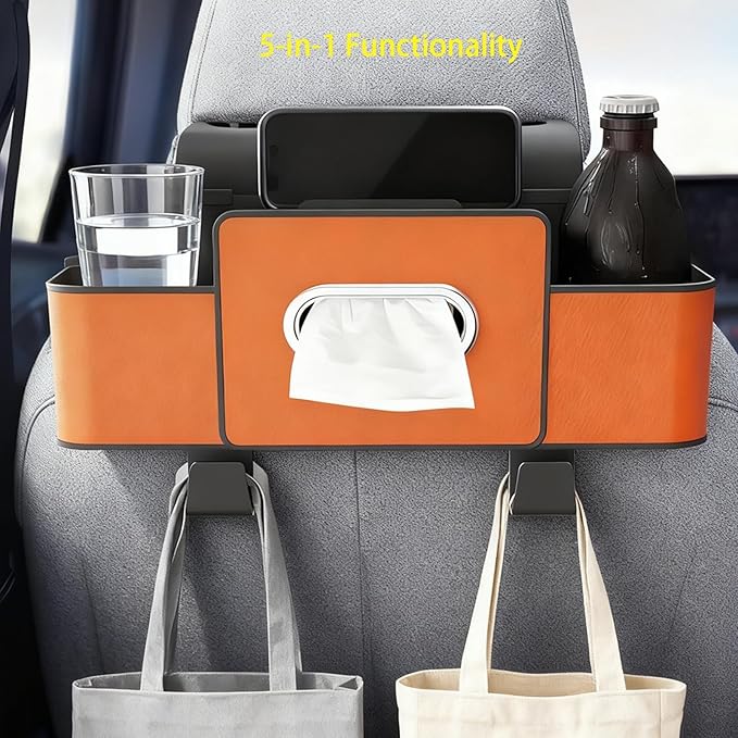 3-in-1 Car Backseat Organizer with Dual Cup Holders, Seat Back Storage Box, Built-in Tissue Holder, Adjustable Universal Design for Neat and Practical Car Interior Storage (White)