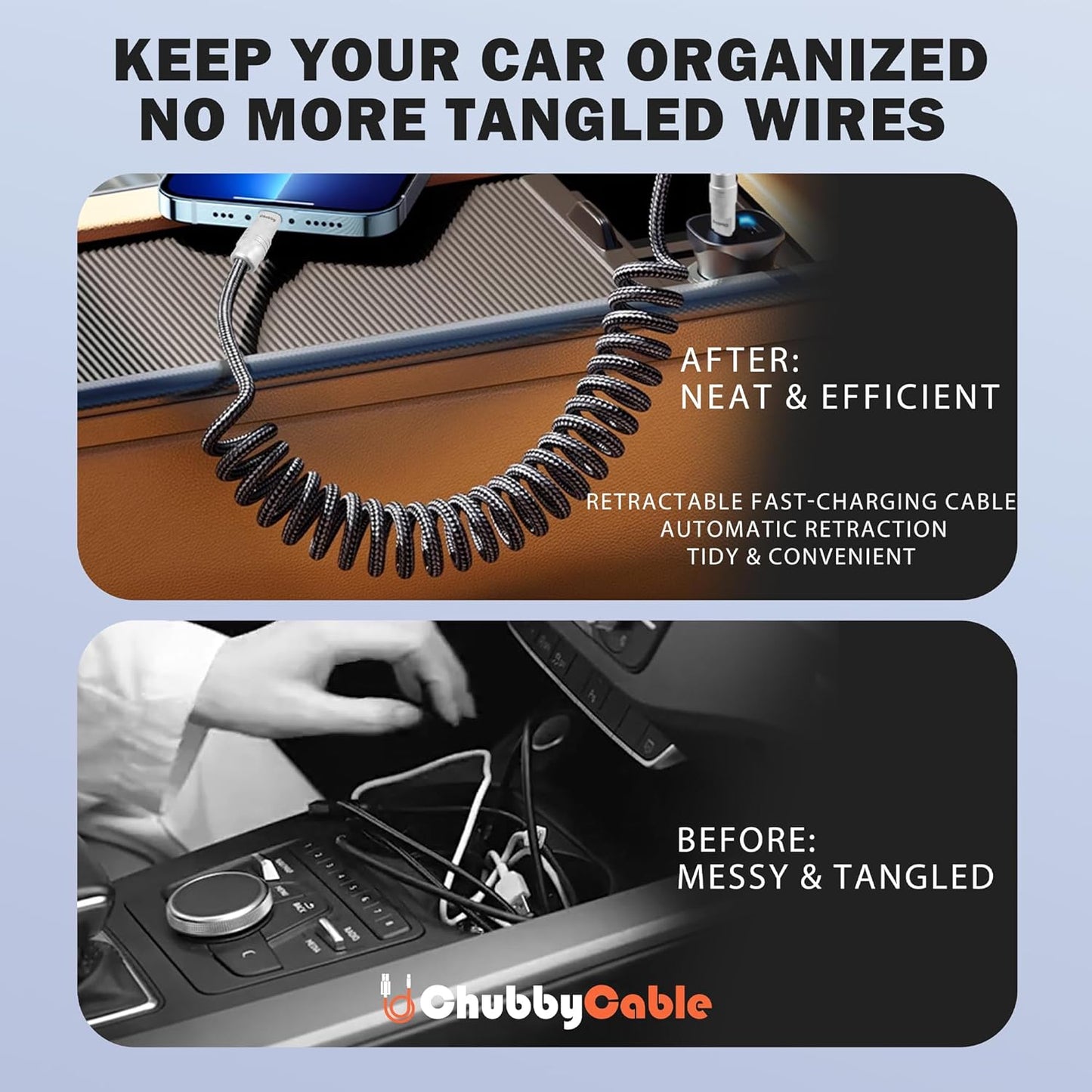 chubbycable Curly Chubby - Retractable Fast Charging Cable 240W Coiled Charger Cord for Car Durable USB-C Cable for Phones, Tablets and More, Yellow+Yellow, Type-C to Type-C, 1.3FT-2.3FT