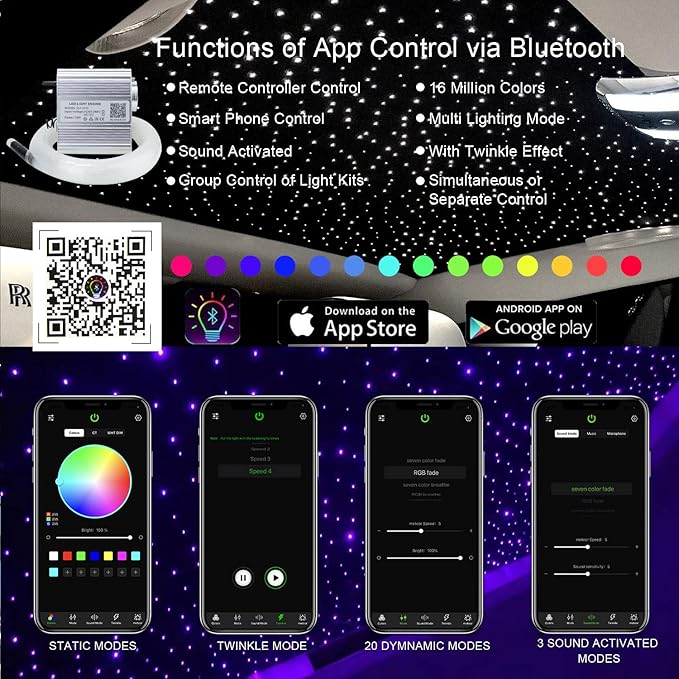 AKEPO Upgraded APP Twinkle Fiber Optic Lights kit with Music Mode for Star Ceiling Sky Light Car Home Use, RGBW Light Engine+Optical Fiber Cable 430pcs of 9.8ft/3m(0.03+0.04+0.06in)+28key Remote