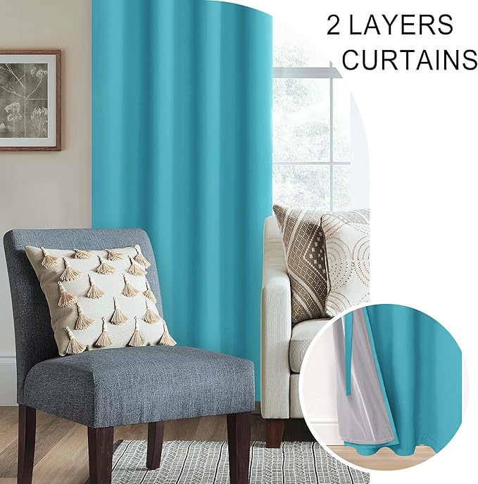 XWZO Full Shading Blackout Curtains with Tiebacks - Heat and Light Blocking Ring Top Window Drapes with Black Liner Backing for Bedroom/Kid's Room, Turquoise, W42 x L72, Set of 2 Panels