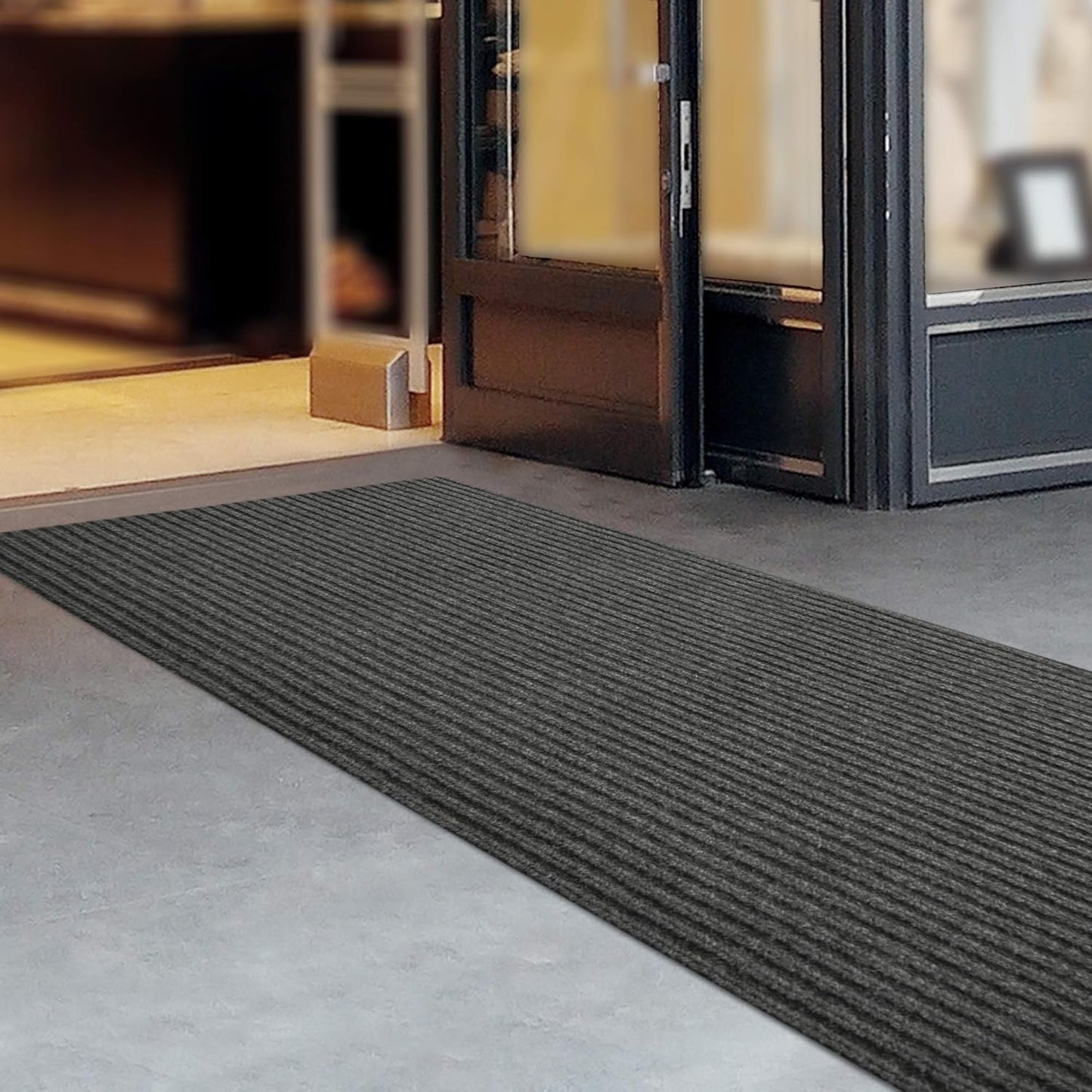 iCustomRug Spartan Weather Warrior Indoor/Outdoor Utility Ribbed Carpet Runner with Non-Slip Thermoplastic Rubber Backing, 3ft X 46ft in Charcoal