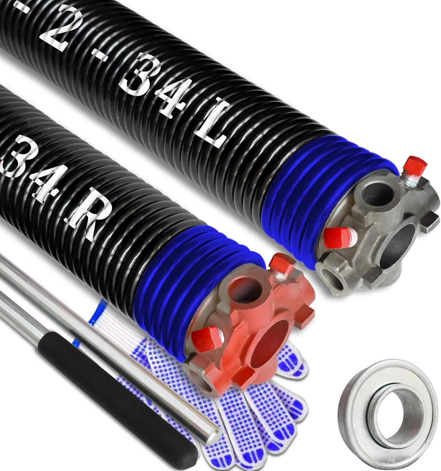 Garage Door Torsion Spring Set, Pair of 2" Electrophoresis Coated Garage Door Spring Replacement with 2 Non-Slip Winding Bars and Bearing, Minimum 16000 Cycles (.262x2x34")