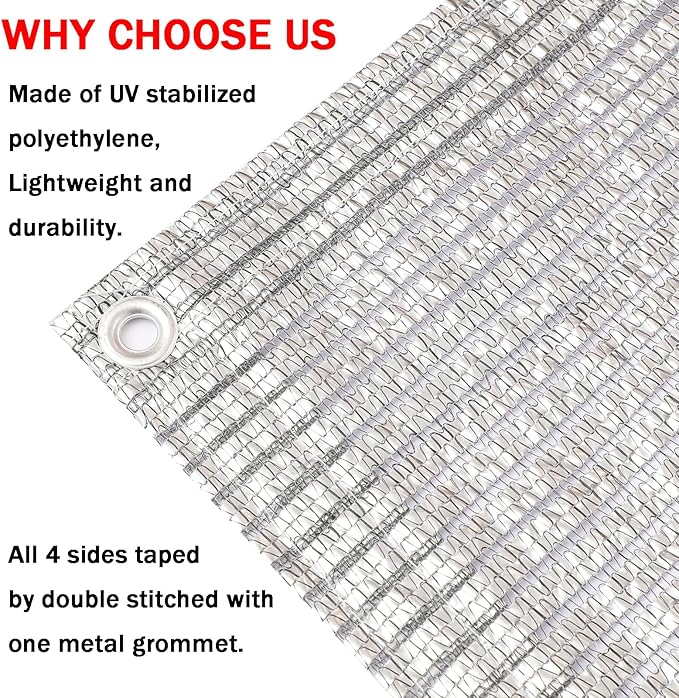 65% Aluminum Foil Shade Cloth with Grommets,10ft x 12ft, Mesh Sun Block Fabric Cover, Canopy, Privacy Screen for Outdoor Patio, Garden, Backyard, Silver