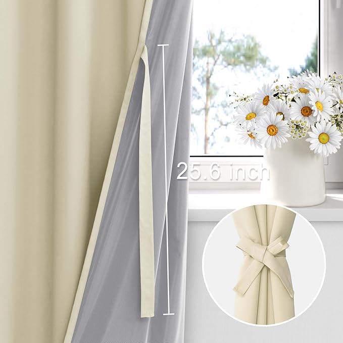 XWZO 100% Blackout Curtains 63 Inches Long with Tiebacks- Heat and Full Light Blocking, Thermal Insulated Window Panels with Grommets for Bedroom/Nursery, Beige, W38 x L63, Set of 2 Draperies