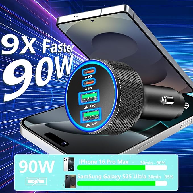 Car Charger USB C, KYOHAYA 2Pack 90W 4-Port Dual USB-C & USB-A Power Cigarette Lighter Adapter PD/QC3.0 Type C Car Charger Fast Charge for iPhone 17 17 Pro 16 15 14 13 12 11/Galaxy S26 S25/Pixel/iPad