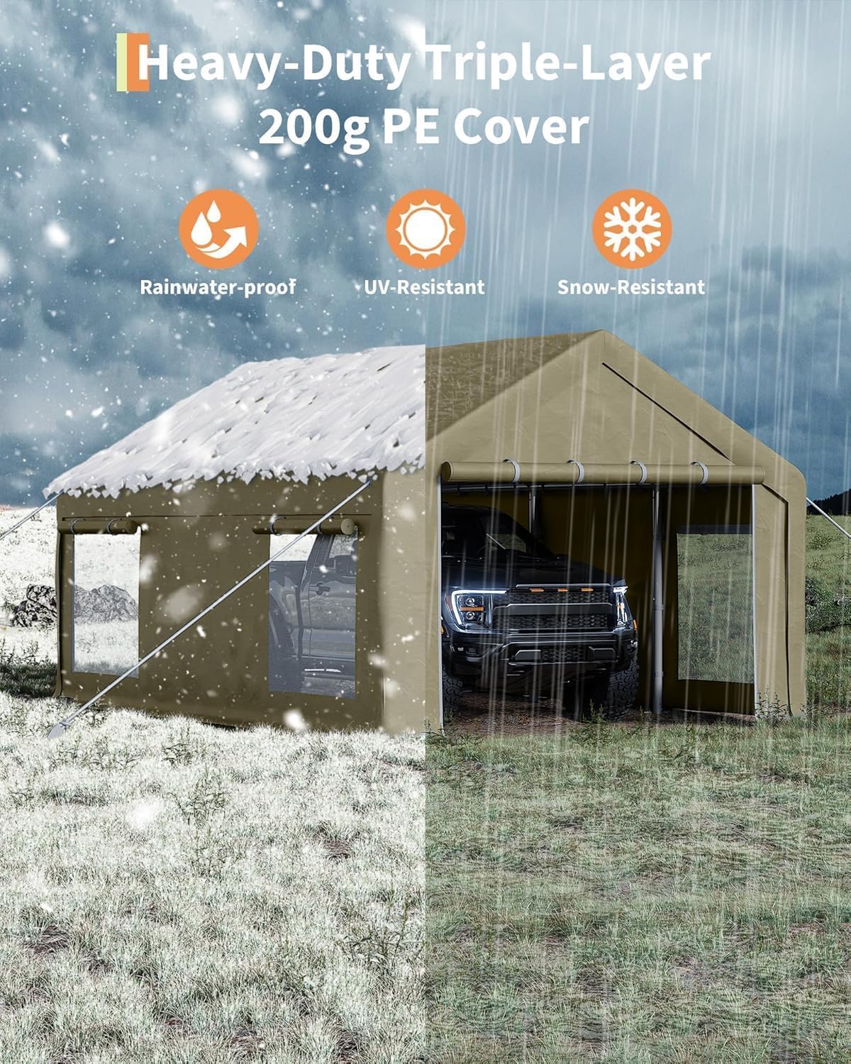 12 x 20ft Heavy-Duty Carport Canopy with Roll-Up Windows & DoorsThickened Wind Ropes, Ground Nails, Portable Car Tent Garage for Cars, Trucks, Boats, 180G Durable Tarp Cover,Yellow