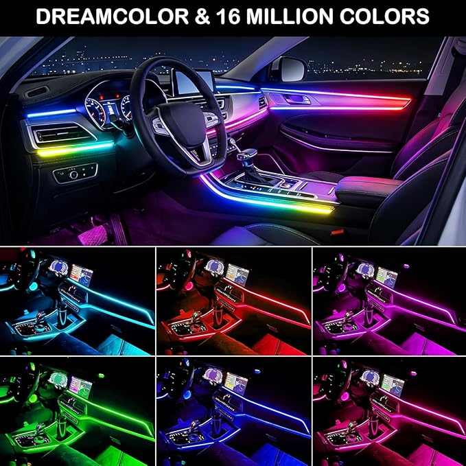 Acrylic Interior Car LED Strip Light with APP Remote Control,175 inches 10 in 1 RGB Dreamcolor Neon Strip Fiber Optic LED Ambient Lighting Kits,RGB Music Lights Sync for Inside car Decorations