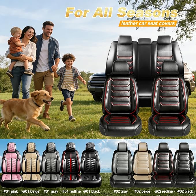 Fit Tahoe Car Seat Covers (Front Pair) for Select Chevrolet/Chevy Tahoe 2000-2025 2026 - Full Coverage Leather, Waterproof & All Weather Seat Cushion Protector, Black with Red Trim