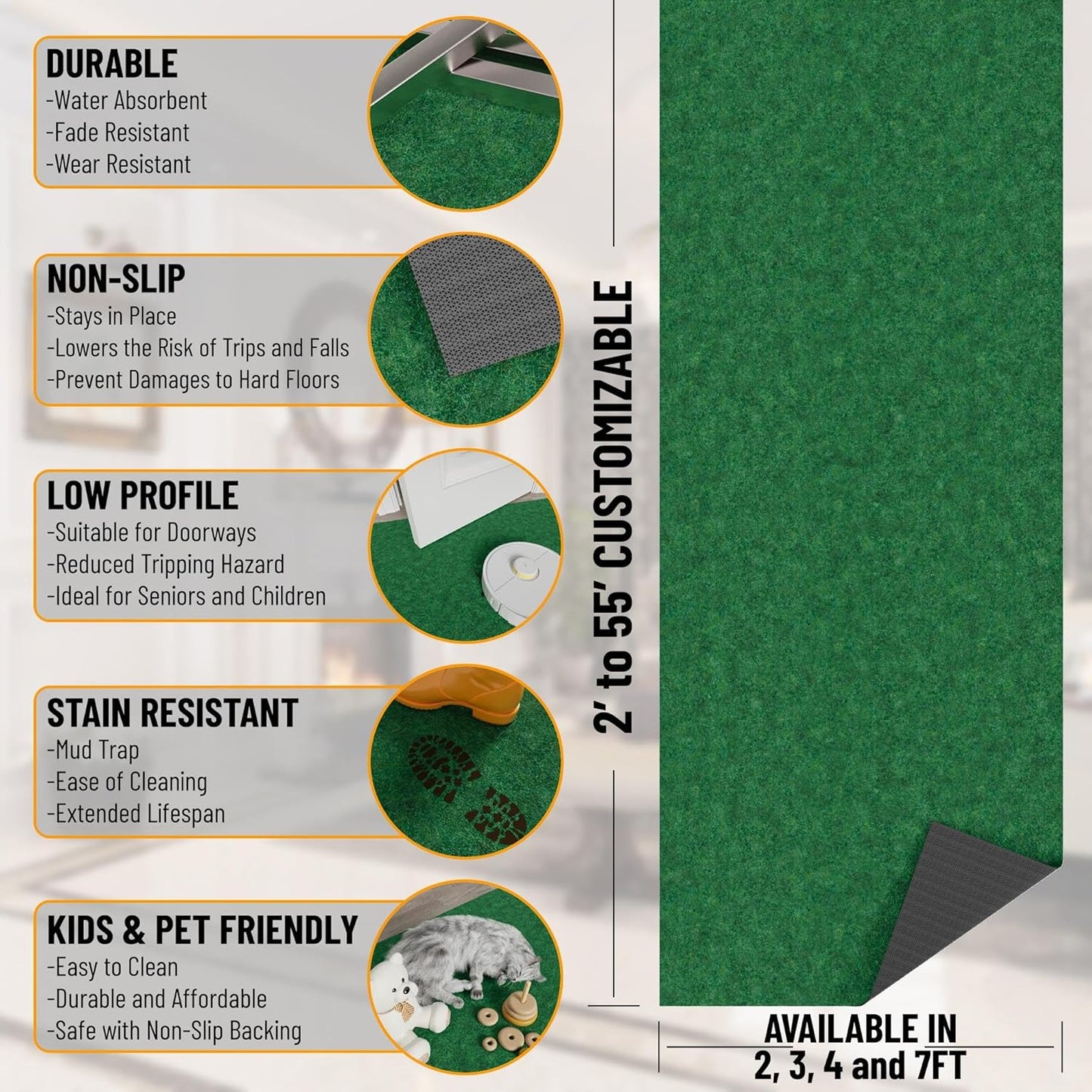 Ottomanson 2' x 22' Hallway Runner with Scraper Pile Extra Durable Non-Slip Rug Mat for Indoor & Outdoor Use - Ideal for Kitchen, Entryway, Patio & Garage - High-Traffic Carpet, Green