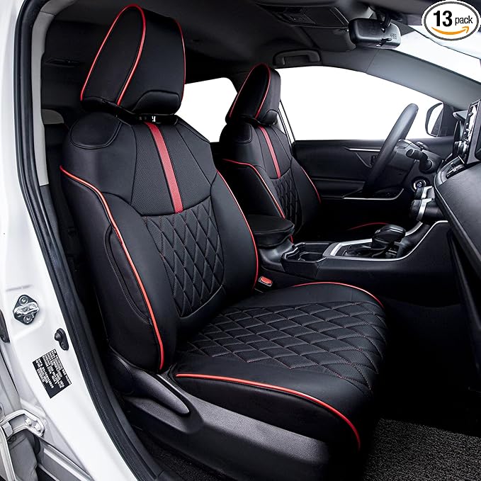 HKZ Custom Fit RAV4 Hybrid Car Seat Covers Set for 2019 2020 2021 2022 2023 2024 2025 Toyota RAV4 Hybrid Model Only LE,XLE,Limited,Woodland Edition,XLE Premium- 5 Seats Full Set Leather(Black&Red)