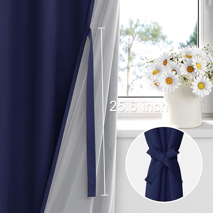 XWZO Total Blackout Curtains 2 Panels with Tiebacks- Double Layers Heat and Full Light Blocking Window Panels with Grommets for Short Kitchen Windows, Navy Blue, W38 x L54, Set of 2