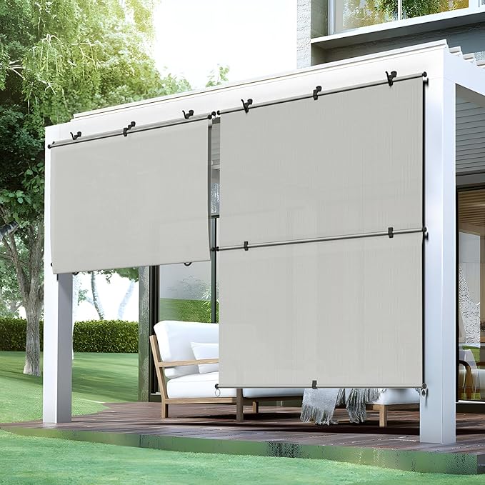 Bynbbur 6'W x 5.5'H Outdoor Patio Shades Foldable Roller Blinds, 220 GSM Sun Shade Roll Up Porch Screens Exterior Shade Cloth for Deck Pergola Backyard, Light Gray