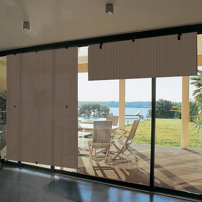 Bynbbur 7'W x 13.5'H Outdoor Patio Shades Foldable Roller Blinds, 220 GSM Sun Shade Roll Up Porch Screens Exterior Shade Cloth for Deck Pergola Backyard, Brown