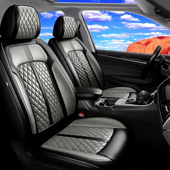 Fit Cruze Car Seat Covers for Select Chevrolet/Chevy Cruze 2011-2019, Premium Full Coverage Leather, Airbag Compatible, Waterproof All Weather Seat Cushion Protector, Full Set, Black+Gray