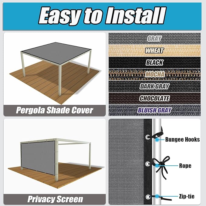 Amagenix 90% Sun Shade Cloth with Grommets, 10' x 12' Pergola Replacement Shade Cover Canopy Privacy Screen for Outdoor Patio Garden, Gray (We Customized)