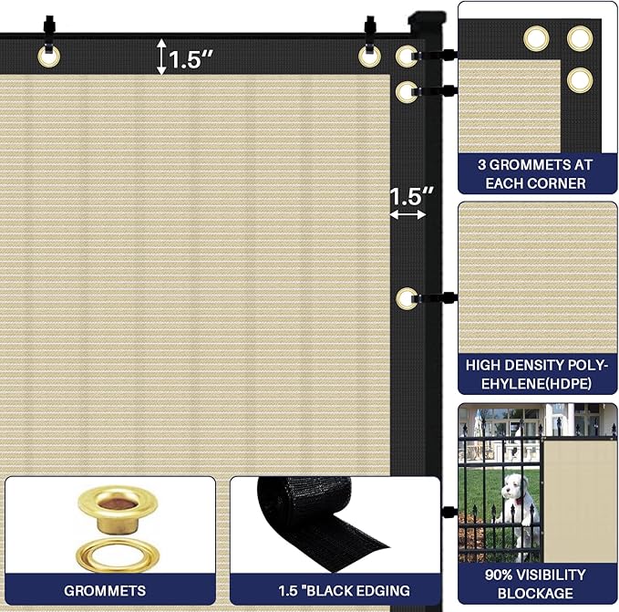 Windscreen4less Privacy Fence Screen Heavy Duty Windscreen Fencing Mesh Fabric Shade Net Cover with Brass Grommtes for Outdoor Wall Garden Yard Pool Deck, 8'x216' Beige