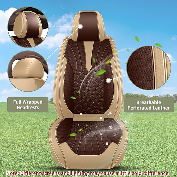 Breathable Car Seat Covers for Hyundai Santa Fe 2007-2025 2026, Front Seats, Perforated Leather, Seat Protector, Interior Trim for Hyundai Santa Fe Accessories (Beige&Brown)
