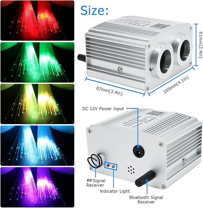 AZIMOM Two Port 16W Twinkle 900pcs Fiber Optic Starlight Headliner Kits 0.03in 9.8ft Fiber Strands Sound Activated Remote APP Control Dual Port Starlight Box Car Home Ceiling Decor