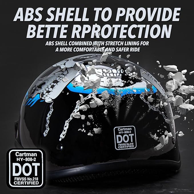 Cartman Cruiser Scooter Motorcycle Half Face Helmet, Blue Skull Graphics, DOT Approved for Bike Scooter ATV UTV Chopper, Medium