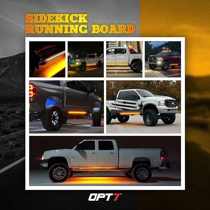 OPT7 Sidekick 86" Running Board Lights 2PCS LED Strips w/Amber Turn Signal Side Marker, DRL, White Courtesy Light for Extended Crew Cab Trucks Pickup Trailer - Truck Decorations