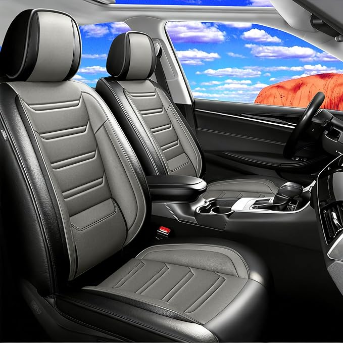 Fit Malibu Car Seat Covers for Chevrolet/Chevy Malibu 2009-2025, Full Coverage Leather, Airbag Compatible, Waterproof All Weather Breathable Seat Cushion Protector, Front Pair Black+Gray