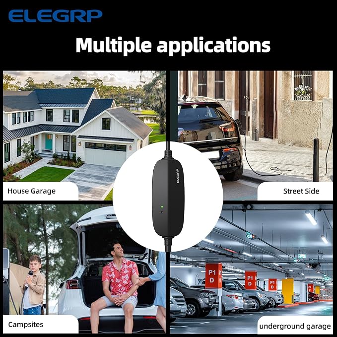 ELEGRP Level 1/2 EV Charger, 16 Amp, Portable J1772 Electric Car Charger, 25FT Cable, NEMA 6-20 & 5-15 Adapter, 110V-240V for BEVs/PHEVs, PBE & LRC Technology
