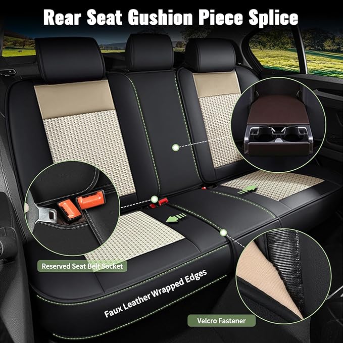 Full Set Car Seat Covers for Subaru Outback 2010-2025 2026 - Breathable Cool Ice Silk Leather Seat Covers - 5 Seats for Subaru Outback Accessories - Black&Beige