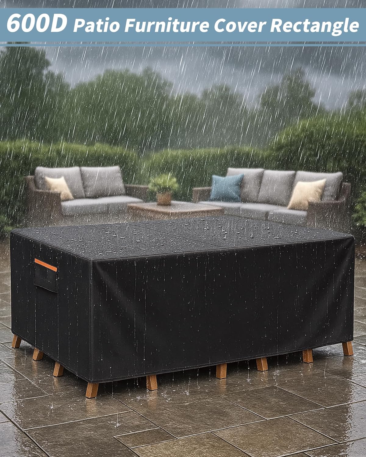 Outdoor Waterproof Furniture Cover, 111W x 74L x 28H inches Heavy Duty 600D Rectangular Table and Chair Set Protection, Black