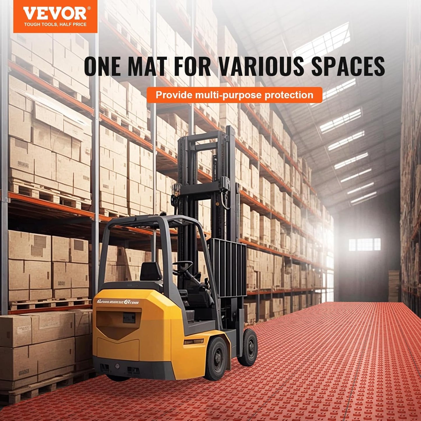 VEVOR Interlocking Garage Floor Covering Tiles, 50 Pack, 12 x 12 x 0.53 inch, Double-Sided Texture, Non-Slip, Red