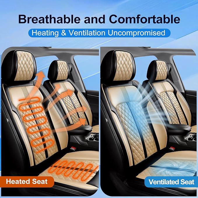 Fit Bolt Car Seat Covers for Select Chevrolet Bolt/Bolt EUV 2017-2025, Premium Full Coverage Leather, Airbag Compatible, Waterproof All Weather Seat Cushion Protector, Front Pair Black+Beige