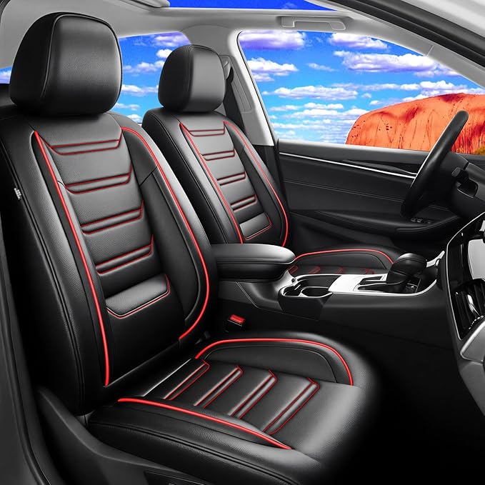 Fit CX-7 Car Seat Covers (Front Pair) for Select Mazda CX7 2006-2012 - Premium Full Coverage Leather, Airbag Compatible & Scratch-Resistant, Waterproof All Weather Seat Protector, Red Trim