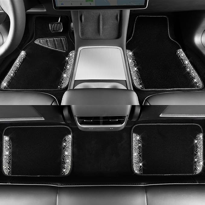 CAR PASS Bling Car Mats Shining Diamond Carpet Crystal Rhinestone Sparkly Glitter Floor Mats with Anti-Slip PVC Pad Universal Fit Automotive SUV,Sedan,Van,4pcs for Girl Women, Black Sliver Diamond
