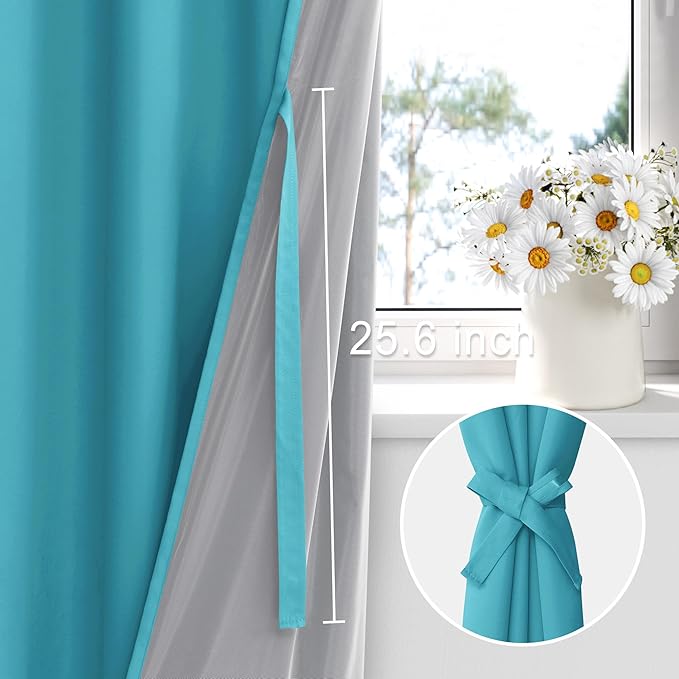 XWZO 100% Blackout Curtains 63 Inches Length with Tiebacks - Heat and Light Blocking Ring Top Window Drapes with Black Liner Backing for Bedroom/Kid's Room, Turquoise, W60 x L63, Set of 2 Panels