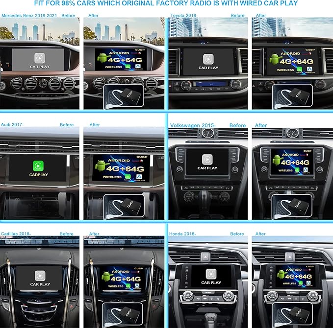 CUSP CarPlay AI Box for Cars with OEM Wired CarPlay, 4G LTE Wireless CarPlay & Wireless Android Auto Adapter, 8-Core 4GB+64GB Android Multimedia Video Box, Plug & Play with GPS, WiFi, Bluetooth