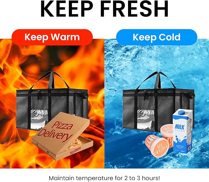 NZ home Insulated Bags for Food Delivery (3XL) Grocery Shopping Cooler Bag, Pizza Delivery, Hot & Cold Catering Tote, Reusable, Foldable & Heavy Duty (2 Pack, Black)