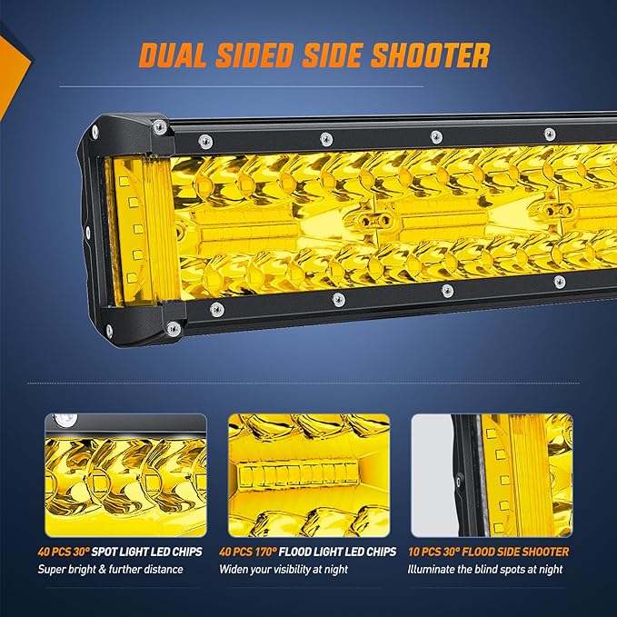 Nilight Side Shooter Light Bar 12Inch Triple Row Spot Flood Combo Yellow Beam Work Lights with 5Pin Rocker Switch Wiring Harness Kit for Off-Road Lighting on Truck SUV ATV UTV