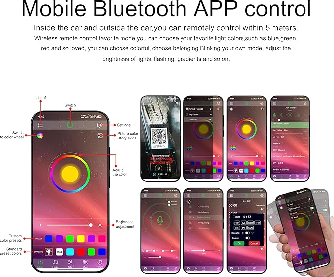 6 Meters Optic Fiber Car Ambient Lighting with Bluetooth App Control 64 Colors Multicoloured Music Interior Lighting Kit DC 12V 1W