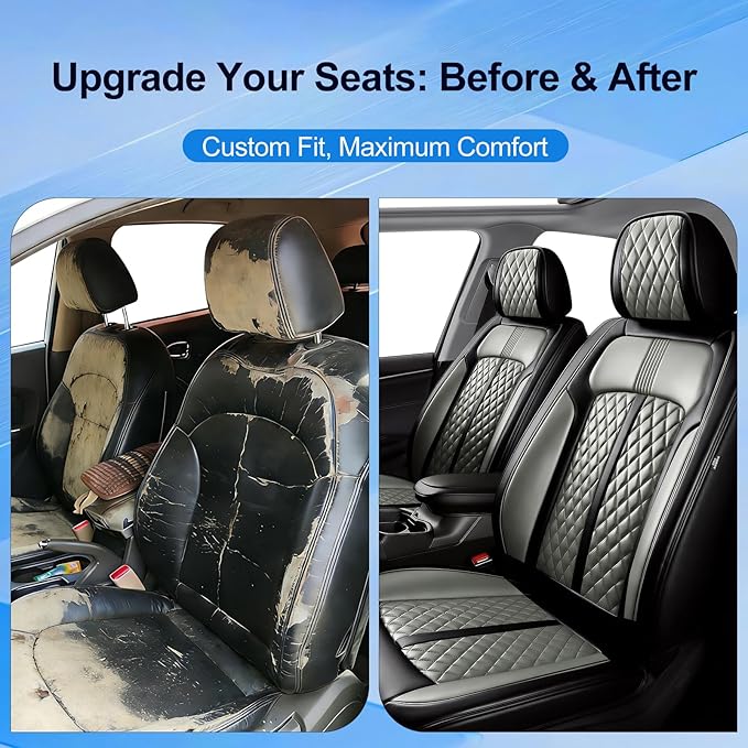 Fit CX-50 Car Seat Covers for Select Mazda CX50 2023-2026, Full Coverage Leather, Airbag Compatible, Luxury Waterproof All Weather Seat Protector, Full Set, Black+Gray
