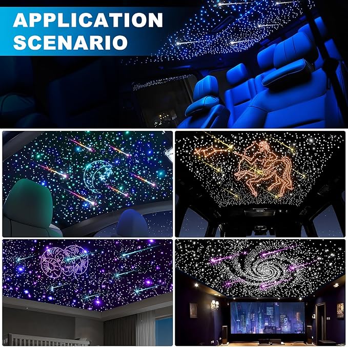 Car Starlight Headliner Kit, 4 Colors 32W Twinkle & Meteor Fiber Optic Shooting Stars Lights, 2 in 1 Light Engine 600pcs*0.03in*13.1ft+240 RGBW 4 Port Ceiling Starlights for Car Home Roof Décor