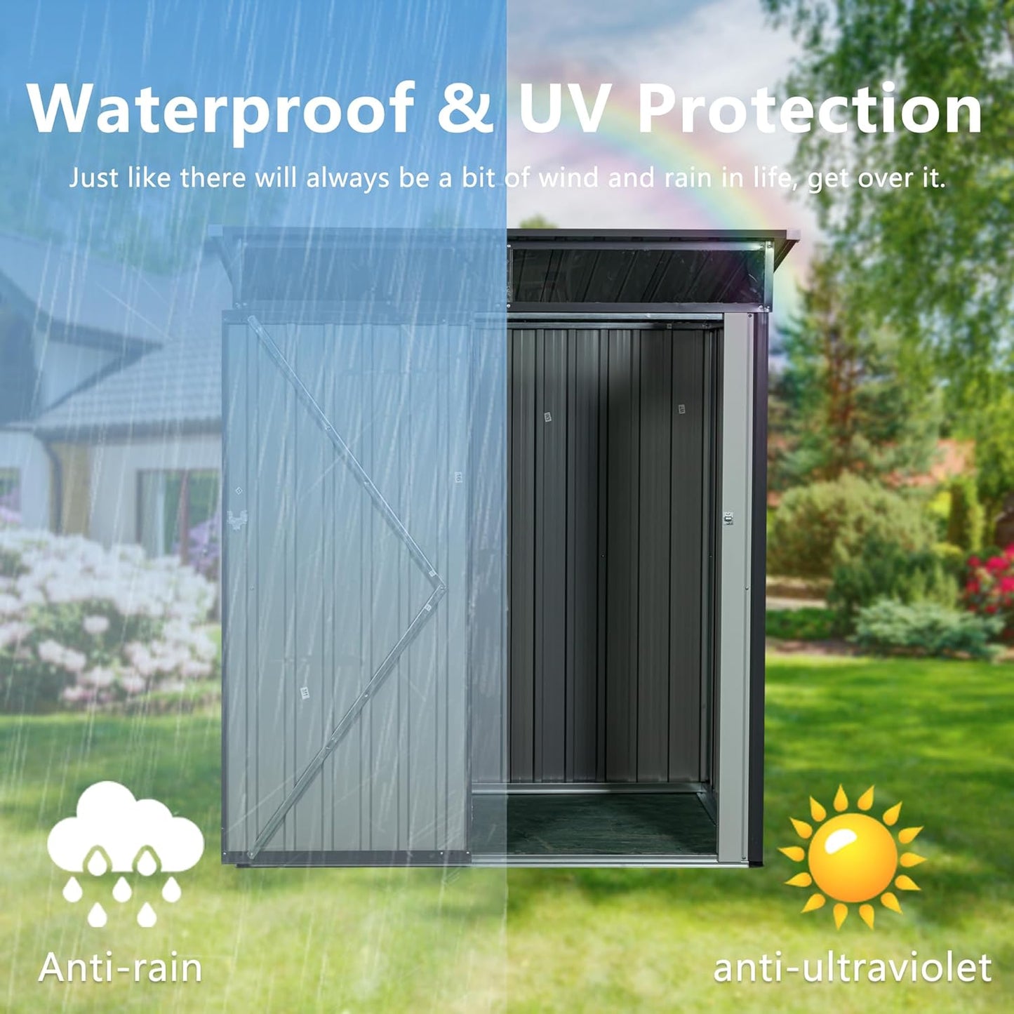 Metal 5x3 FT Garden Storage Shed, Outdoor Small Shed with Sloped Water-Resistant Roof and Lockable Door for Backyard, Patio,Garage and Bike Storage Grey