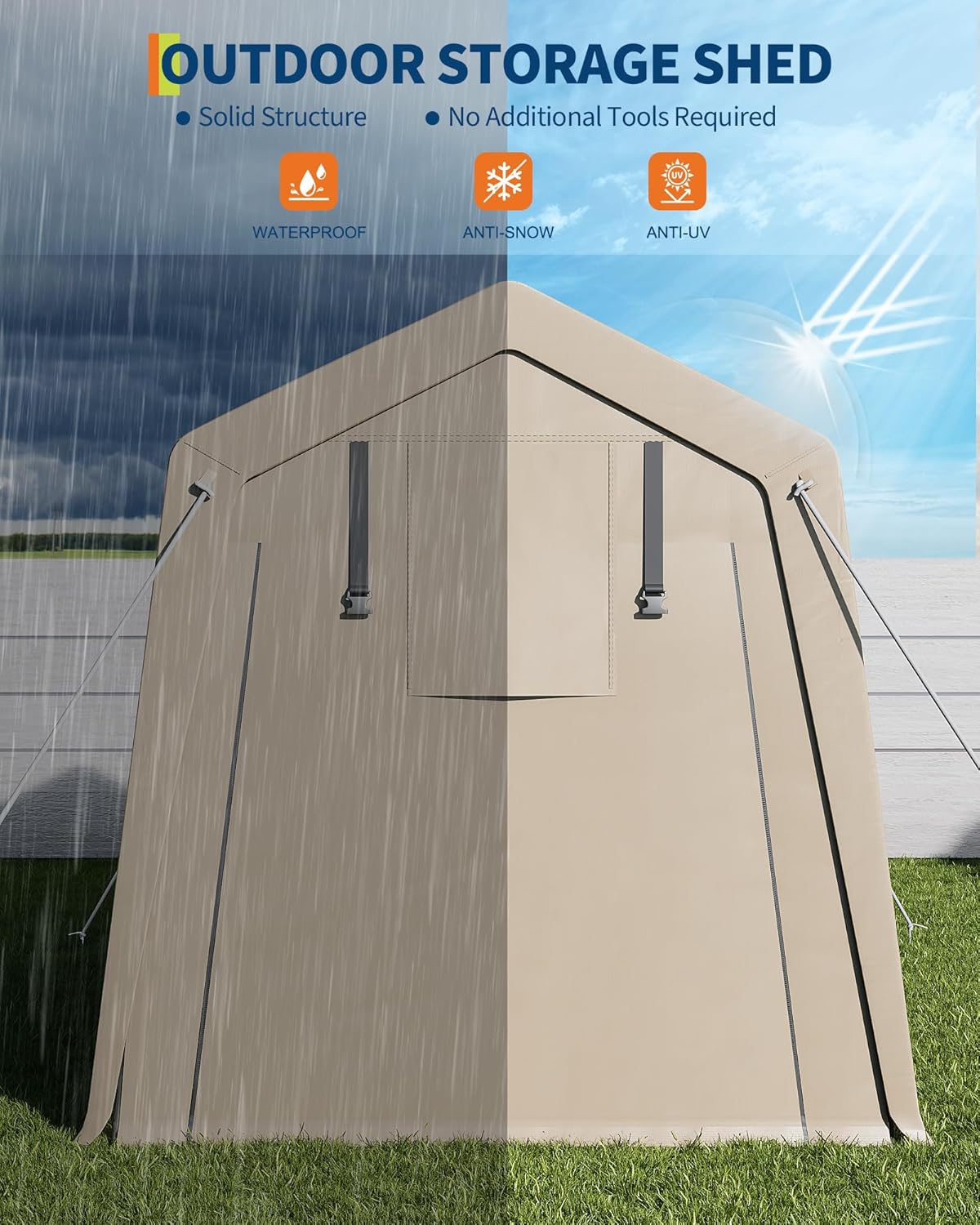 6x8 Ft Carport Heavy Duty Tent with Roll-Up Windows, Portable Garage with Removable Sidewalls & Doors, Car Canopy All-Season Tarp for Car Boat Truck Motorcycle, Khaki