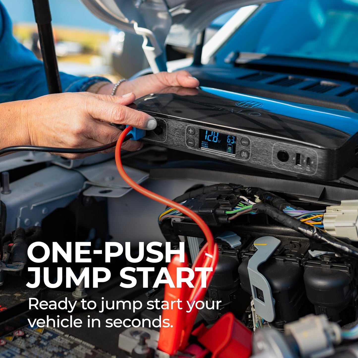 HALO Bolt Ultimate 2 Portable Car Battery Jump Starter | 130 PSI Air Compressor, 55.5Wh USB Power Bank with AC Outlet, Emergency Floodlight & Charger, Jumps Cars SUVs & Trucks, Inflates Tires — Black