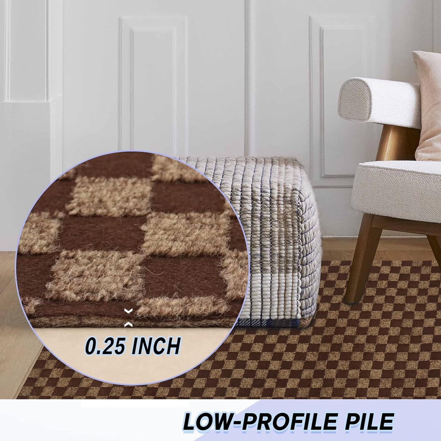 Custom Size Backed Non-Slip Area Rugs Runner, Easy Clean, Waterproof Runner Rugs for Hallway Entryway, Kitchen, Laundry, 4FT x 50FT, Brown Checkered