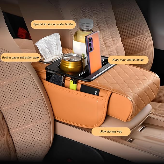 Zpana Car Center Console Armrest Pillow, Memory Foam Leather 4 in 1 Vehicle Arm Rest Cover with Tissue Box 2 Side Storage Bag Cup & Phone Holder, Auto Armrest Cushion, Universal Fit (Wine Red)