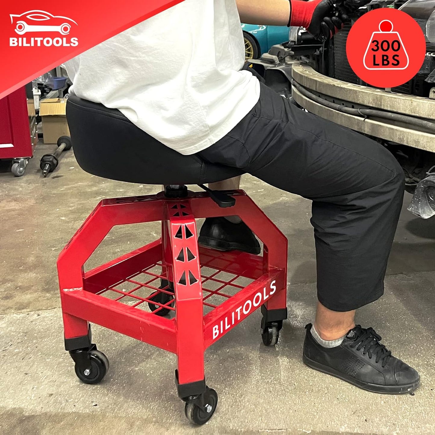 BILITOOLS Heightened Rolling Shop Stools with Wheels 26-33", Adjustable Garage Mechanic Stool Oversized Seat & Backrest, 300 LBS Shop Chair for Garage with Wheels Heavy-Duty Swivel Tool Tray Storage