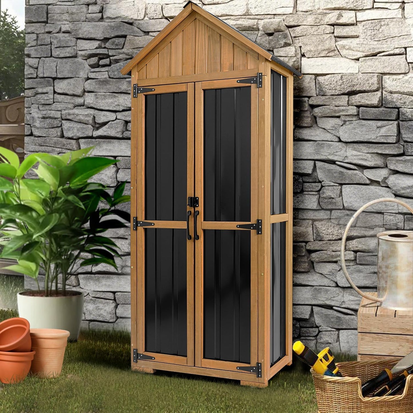 Outdoor Storage Cabinet Waterproof, Outdoor Storage Shed with Shelves, Wood & Metal Patio Backyard Garden Storage Cabinet Tool Organizer for Outside