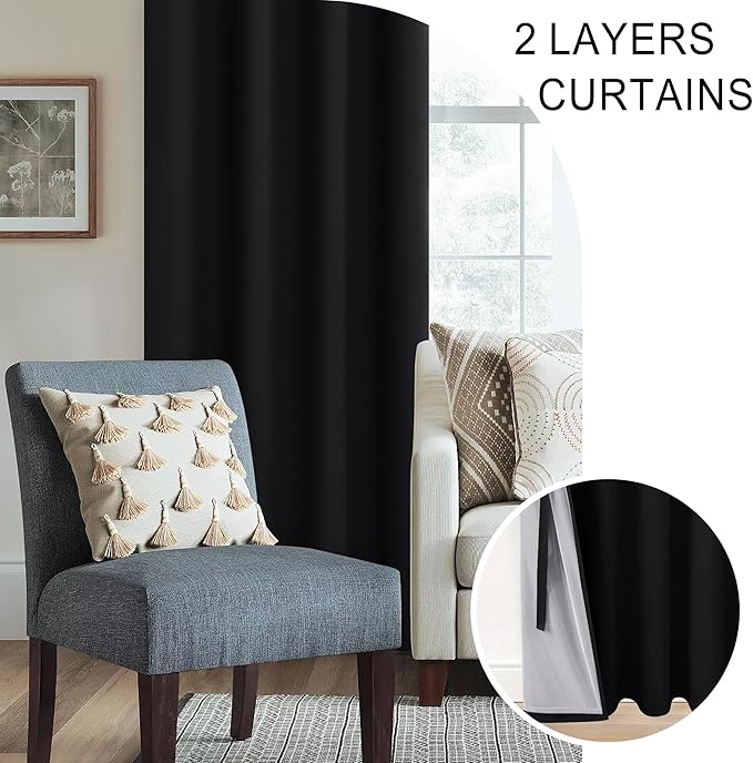 XWZO Complete Blackout Shades Window Curtain Panels with Tiebacks- Noise Reduction and Light Blocking Grommet Curtains with Black Liner for Studio, Basement Room, Black, W42 x L72, Set of 2