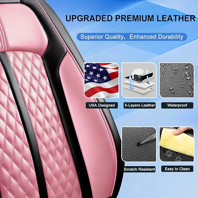 Fit CX-5 Car Seat Covers for Select Mazda CX5 2013-2024 2025 2026 - Premium Full Coverage Leather, Airbag Compatible, Waterproof & All Weather Seat Protector, Full Set, Black+Pink