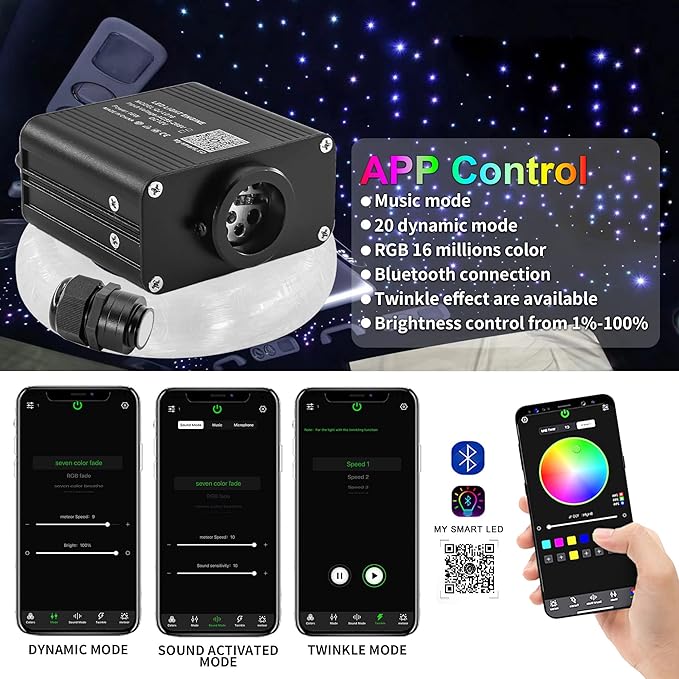 ATOKEE 16W Twinkle 400pcs Starlight Headliner Kit, 0.03in 9.8ft Fiber Strands Small Size Star Lights for Car Roof Use with APP/RF Remote Music Mode