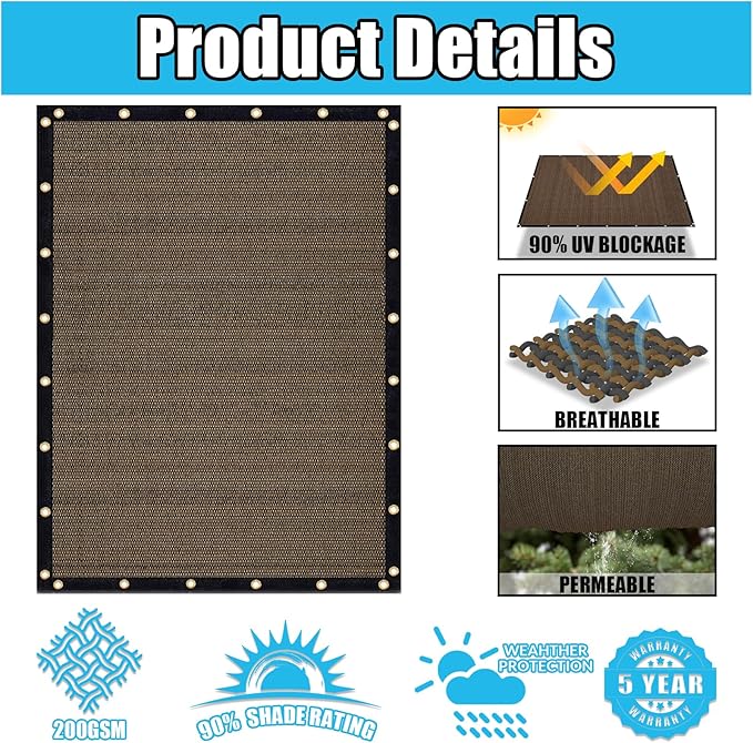 Amagenix 90% Shade Fabric 16'X 16' Mocha Sun Shade Cloth with Grommets for Pergola Replacement Shade Cover Canopy, Heavy Duty, Cable Zip Ties Included (We Customized)